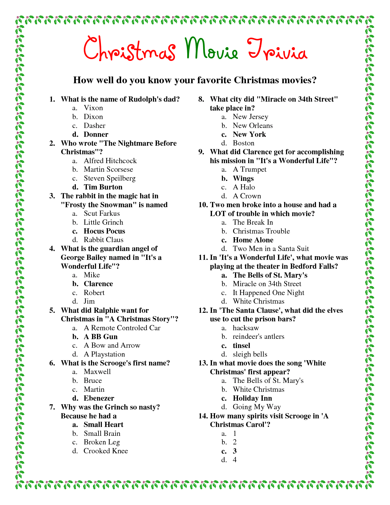 Free Printable Christmas Trivia Game Question And Answers | Merry